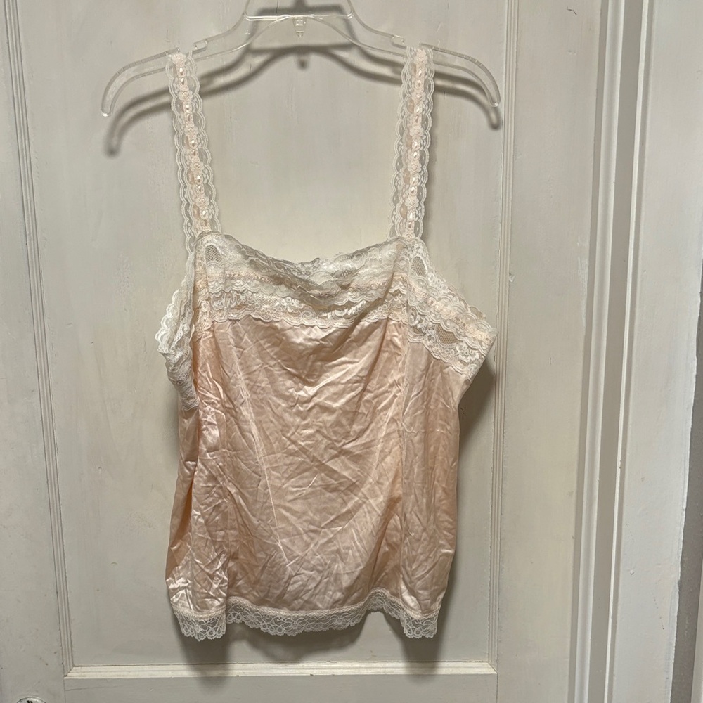 Vintage Danbury Pink And white Lace Trim Satin Slip Camisole 42